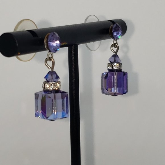 Purple & Clear Cube Dangle/Drop Stud Earrings - Picture 7 of 12